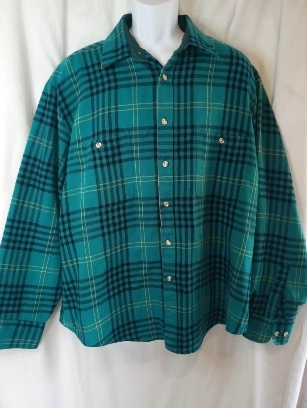 Vintage Windridge Mervyn's Men's Teal Plaid Long-Sleeve Button Shirt Aqua XL 80s